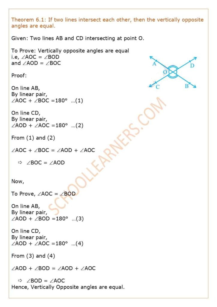 Theorem 6.1  Class 9 If two lines intersect each other, then the vertically opposite angles are equal.