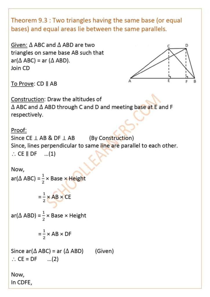 Class 9 Chapter 9 Theorem 9.3 : Two triangles having the same base (or equal bases) and equal areas lie between the same parallels