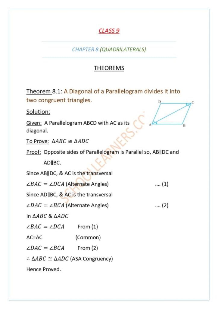 Class 9 Chapter 8 Theorem 8.1 A Diagonal of a parallelogram divides it into two congruent triangles