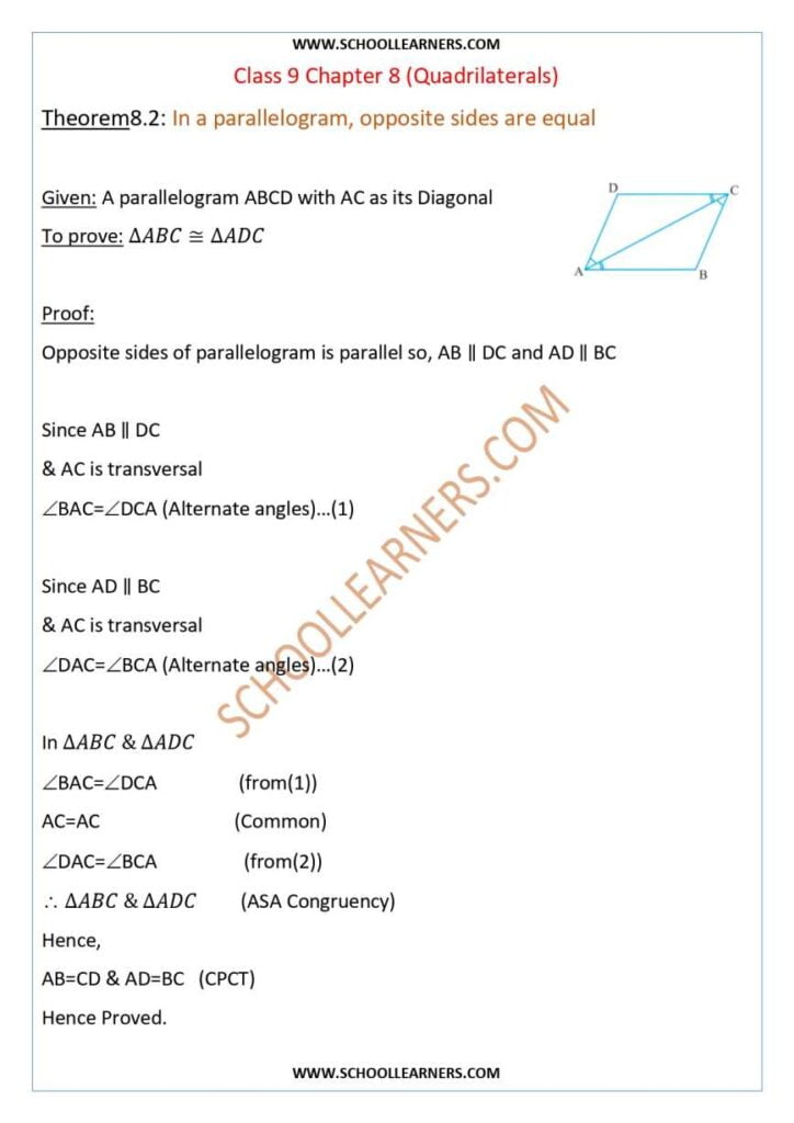 Class 9 Chapter 8 Theorem 8.2 In a parallelogram, opposite sides are equal.