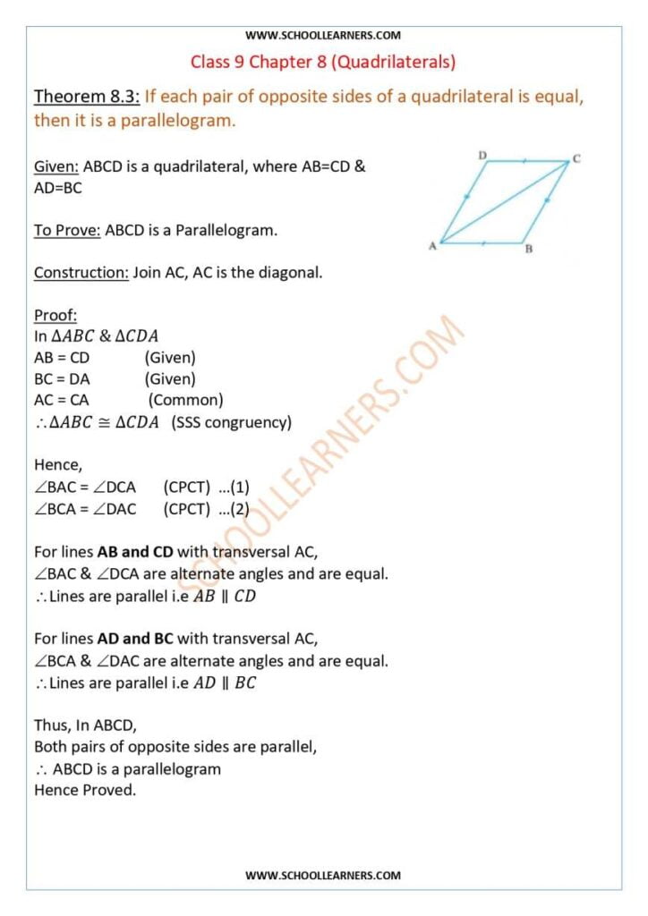 Class 9 Chapter 8 Theorem 8.3 If each pair of opposite sides of a quadrilateral is equal, then it is a parallelogram.