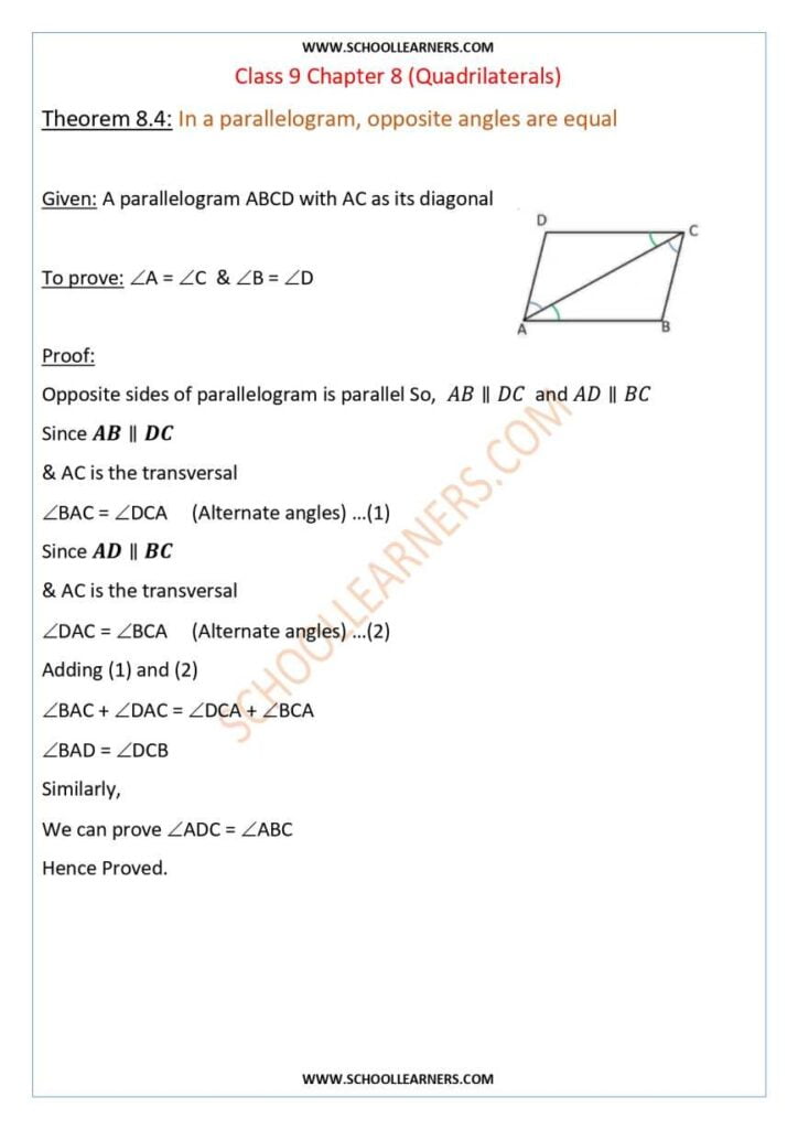 Class 9 Chapter 8 Theorem 8.4 In a parallelogram, opposite angles are equal.