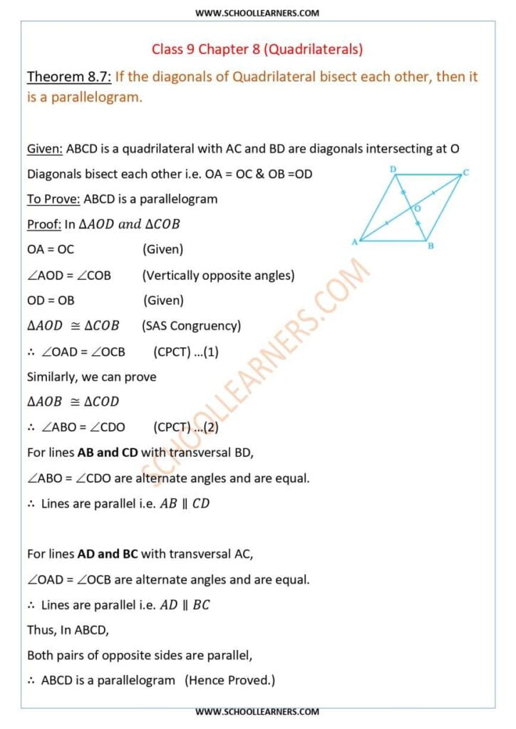 Class 9 Chapter 8 Theorem 8.7 If the diagonals of a Quadrilateral bisect each other, then it is a parallelogram.