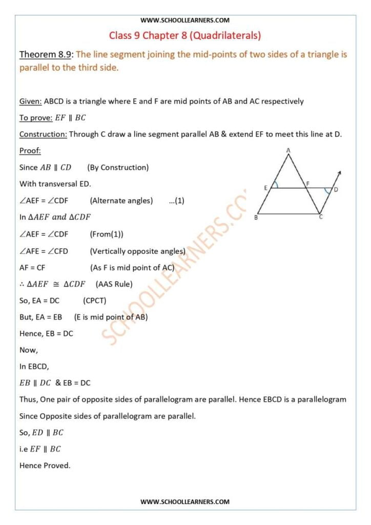 Class 9 Chapter 8 Theorem 8.9 The line segment joining the mid-points of two sides of a triangle is parallel to the third side.