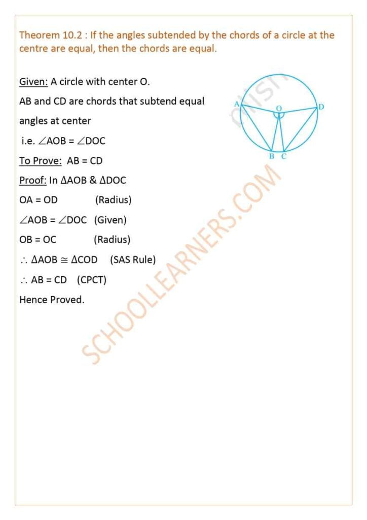 Class 9 Chapter 10 Theorem 10.2 : If the angles subtended by the chords of a circle at the centre are equal, then the chords are equal