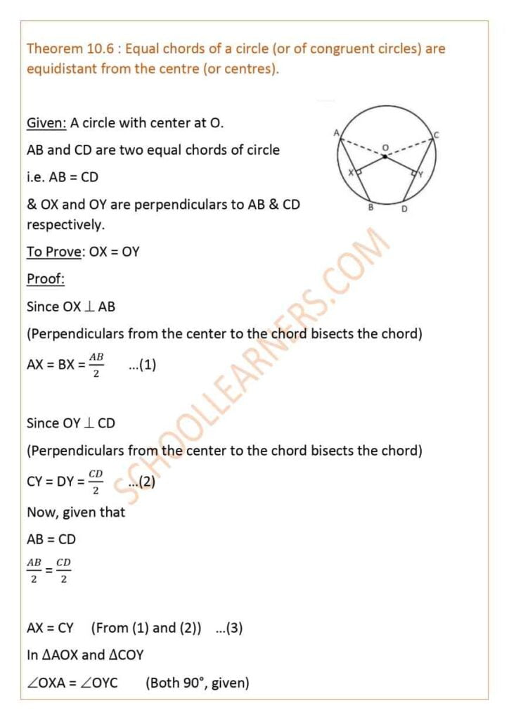 Class 9 Chapter 10 Circles Theorem 10.6 : Equal chords of a circle (or of congruent circles) are equidistant from the centre (or centres).
