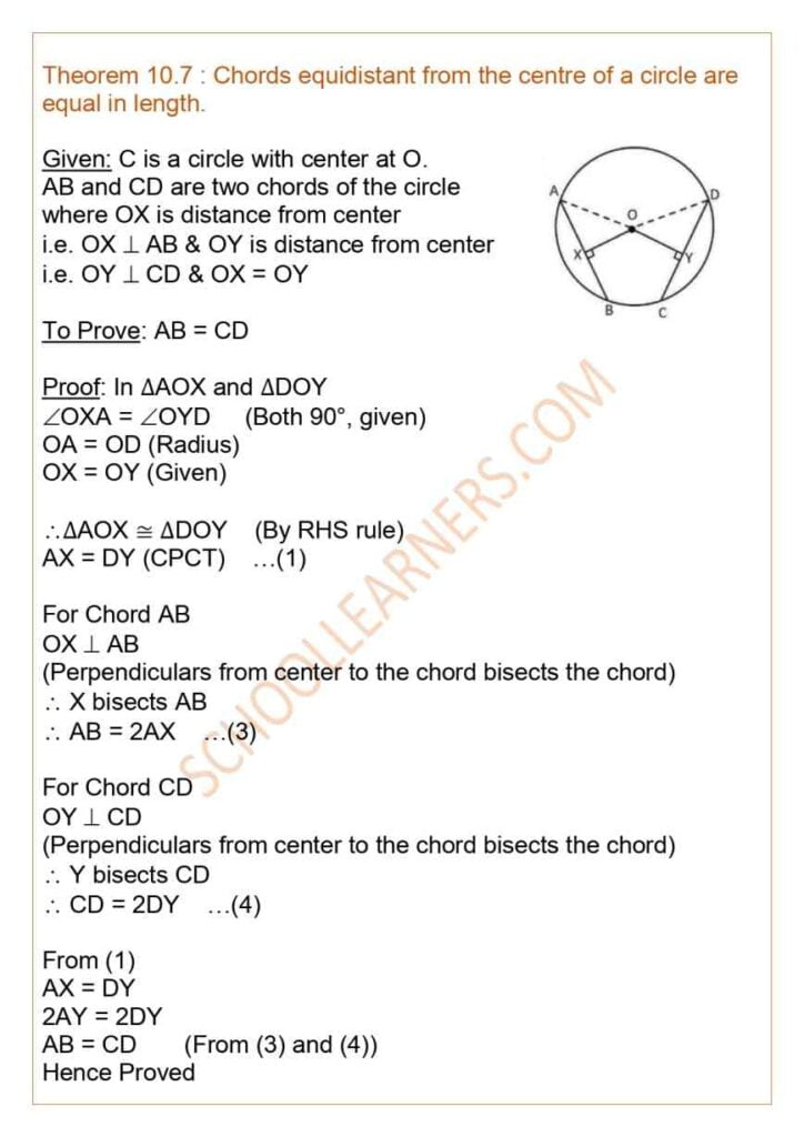 Class 9 Chapter 10 Circles Theorem 10.7 : Chords equidistant from the centre of a circle are equal in length.