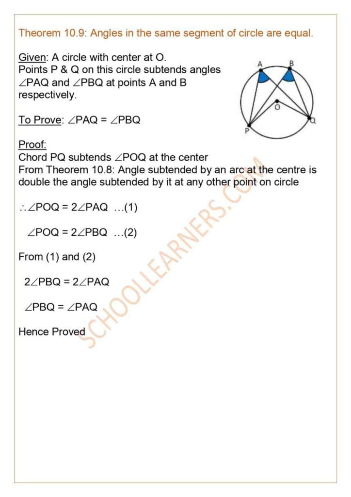 Class 9 Chapter 10 Circles Theorem 10.9 : Angles in the same segment of a circle are equal.