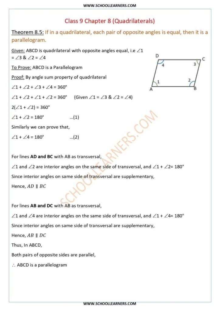 Class 9 Chapter 8 Theorem 8.5 If in a Quadrilateral, each pair of opposite angles is equal, then it is a parallelogram.